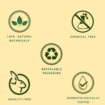 Set of green icons and text on a beige background, representing natural, chemical-free, recyclable packaging, cruelty-free, and dermatologically tested products.