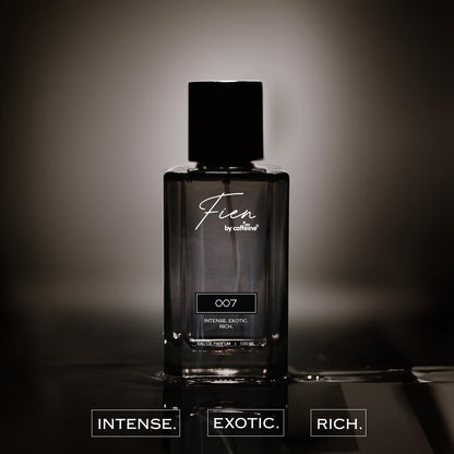 Black perfume bottle labeled 'Fien' with descriptors 'Intense', 'Exotic', 'Rich' on a dark background.
