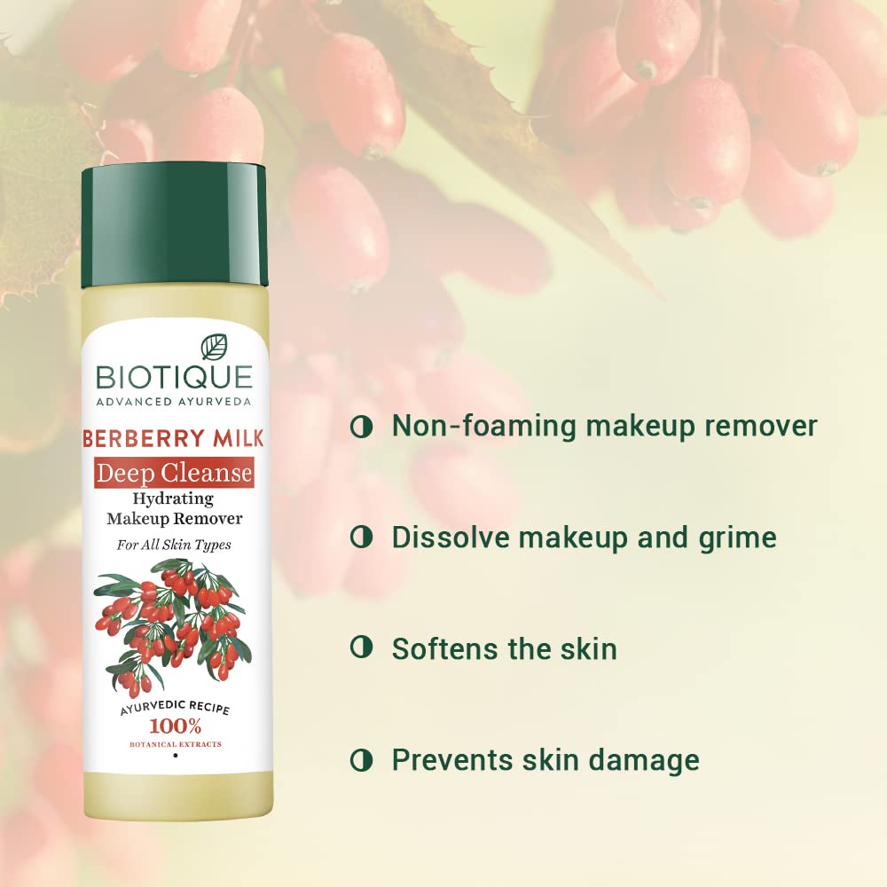 Biotique Berberry Milk Deep Cleanse Hydrating Makeup Remover with product details on a blurred berry background