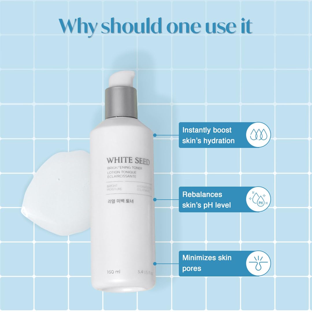 White seed skincare product with benefits on a blue grid background