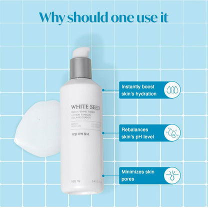 White seed skincare product with benefits on a blue grid background