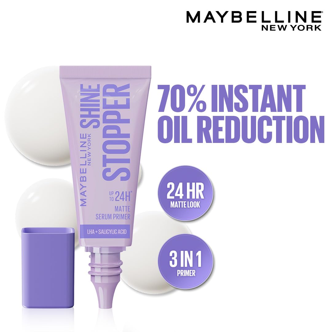 Maybelline New York Shine Stopper Primer | 3-in-1 Serum Primer for Oily Skin to Prime, Mattify, Hydrate with LHA & Salicylic Acid, 10ml