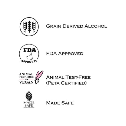 Collection of certification logos including grain derived alcohol, FDA approved, animal test-free, vegan, and made safe on a white background.