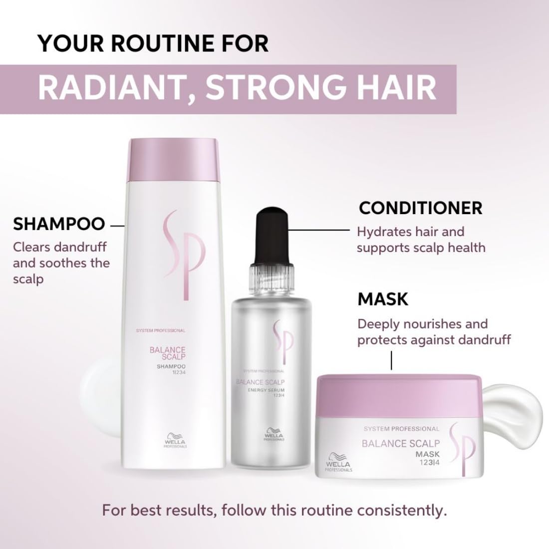 Wella hair care products with labeled shampoo, conditioner, and mask on a white background