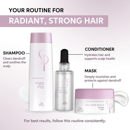 Wella hair care products with labeled shampoo, conditioner, and mask on a white background