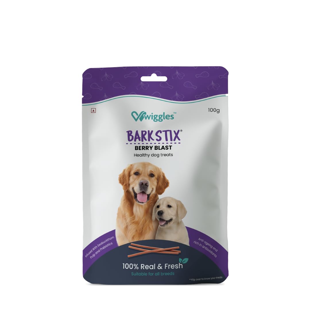 Wiggles Barkstix Dog Treats (Berry Blast, 100g) | Fresh Chicken Soft Chew Sticks for Training Adult Puppies | Boost Healthy Skin & Coat and Anti-Ageing with Ashwagandha and Biotin | for All Breeds