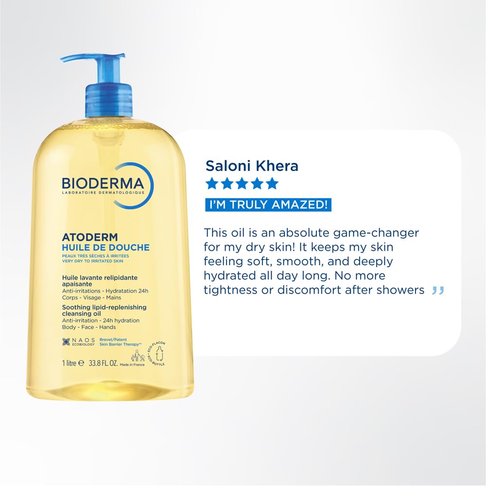 Bioderma shower oil bottle with a five-star review by Saloni Khera on a light gray background