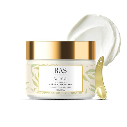 Ras Luxury oils Nourish Softening Creme Body Butter with Argan Oil & Shea Butter | 24 Hour Long Lasting Hydration | Non-Greasy, Quick Absorbing Nourishing Moisturizer For All Skin Type, 100gm