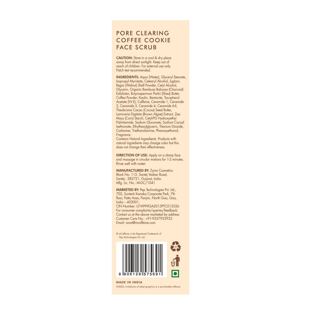 Back label of a coffee cookie face scrub with text and barcode on a beige background