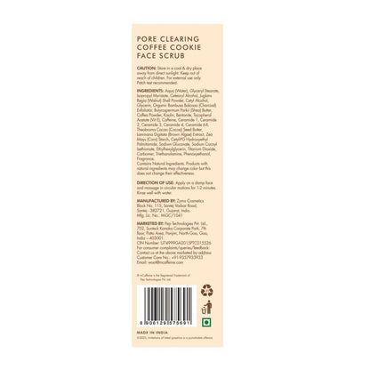 Back label of a coffee cookie face scrub with text and barcode on a beige background
