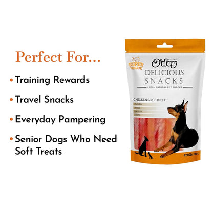 PETS EMPIRE O'Dog Chicken Slice Jerky, Healthy Dog Treats, Chewy Dogs Bites for Training and Feeding, Made with Real Chicken, Non-Vegetarian Pup Snacks for Dogs, Puppies Super Value Pack 420 GMS