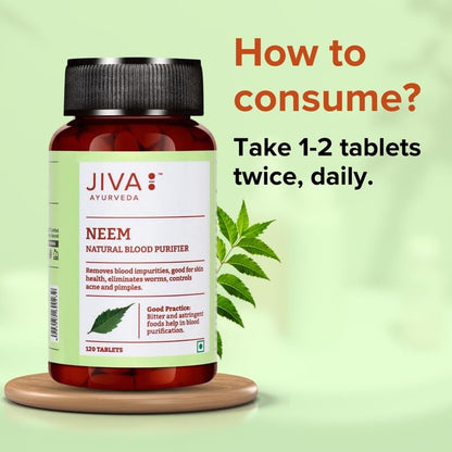 Jiva Neem Tablet - 120 Tablets | 100% Ayurvedic Formulation Purifies Blood, Treats Urinary Disorders | Pacifies Pitta And Kapha Doshas | Promotes Healthy Skin