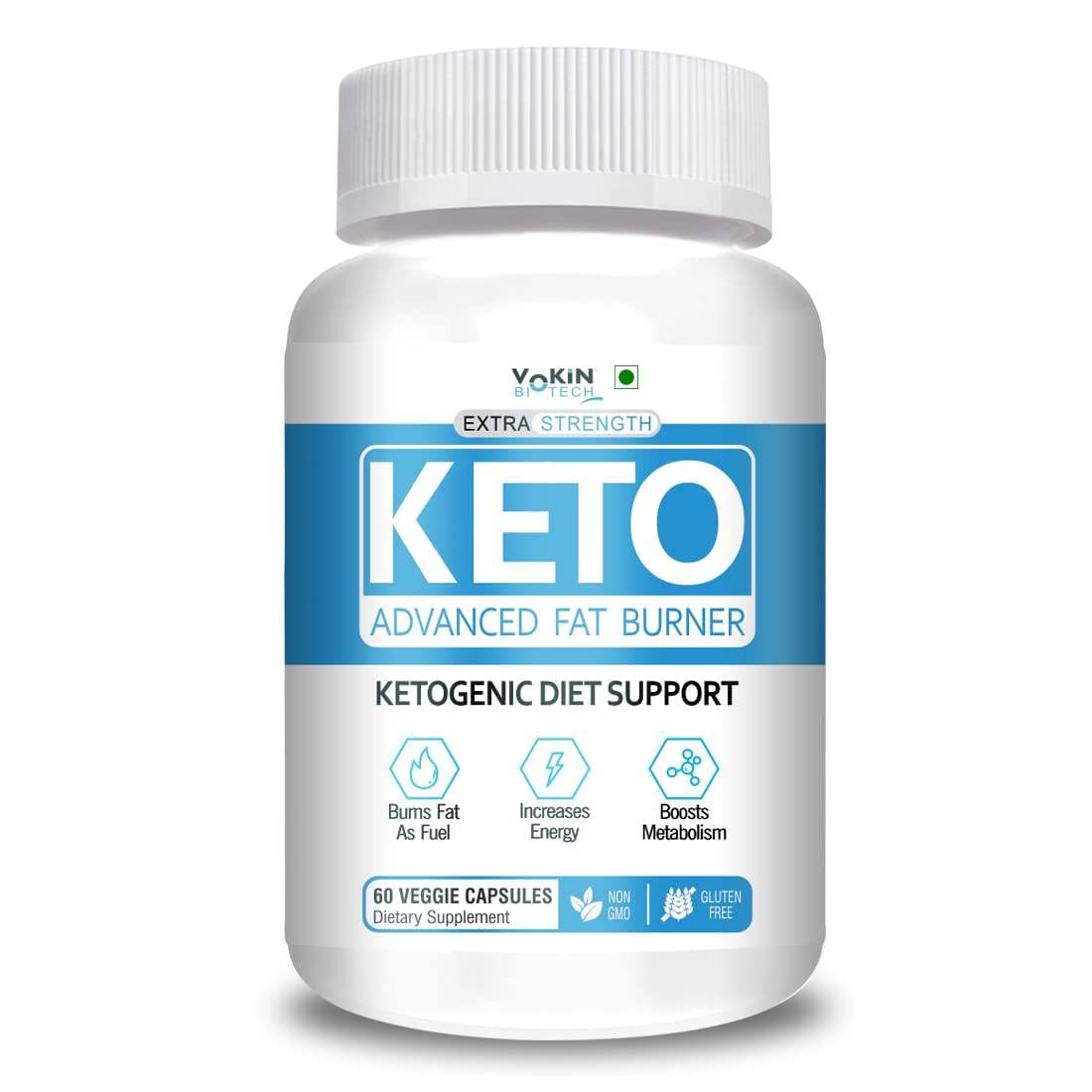 Keto supplement bottle with white and blue label on a white background