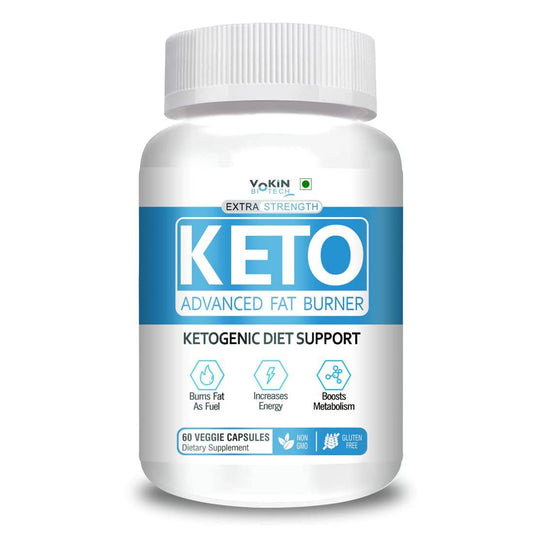 Keto supplement bottle with white and blue label on a white background