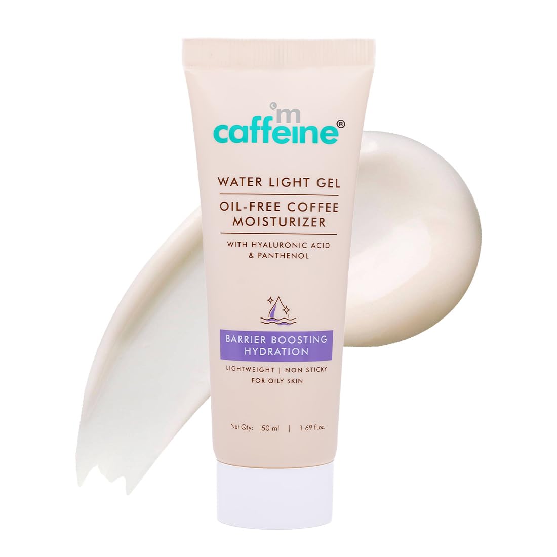 Caffeine skincare product with cream smear on white background