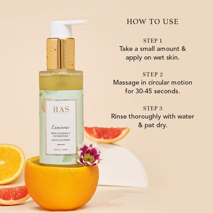 RAS Luxury Oils Luminous Skin Clearing Face Cleanser | Face wash With Willow Bark, Grapefruit & Tea Tree | Detoxify Skin From Impurities| for oily acne-prone skin, 100ml