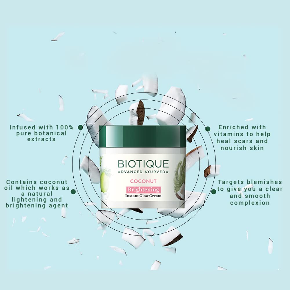 Biotique coconut brightening instant glow cream on a light blue background with text about product features.