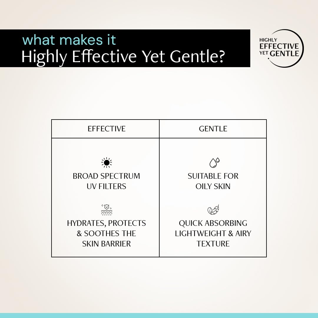Product description card highlighting effective and gentle features on a light beige background.