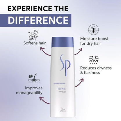 SP Hydrate shampoo bottle with benefits listed on a light purple background