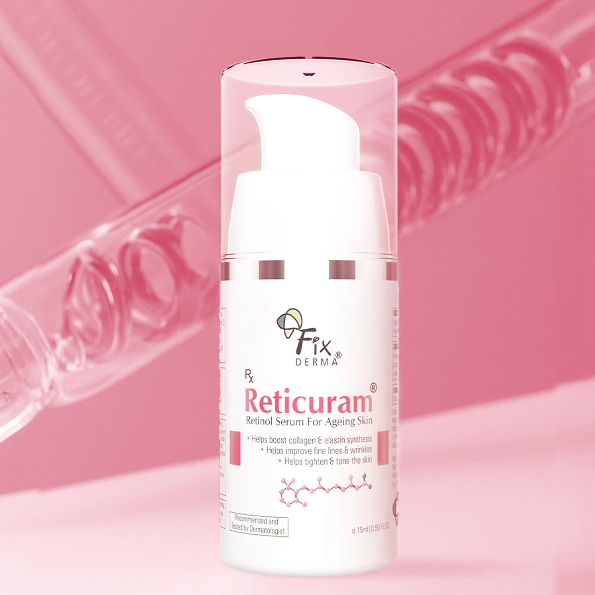 Fixderma .05% Pure Retinol Reticuram Face Serum for Anti Aging, Boost Collagen, Night Face Serum with Retinol & Vitamin C to Reduce Fine Lines & Wrinkles for Unisex - 15ml