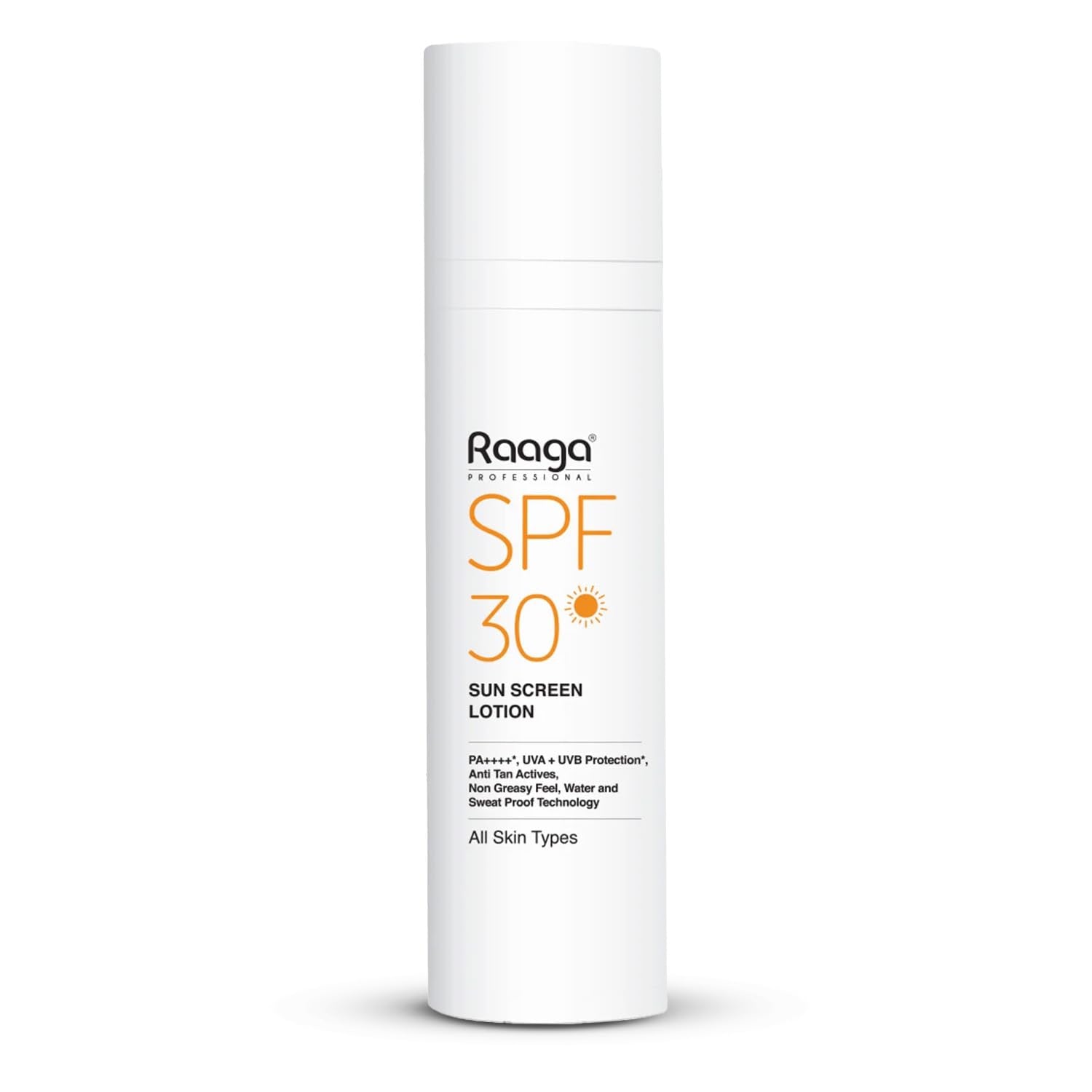 Raaga SPF 30 sunscreen lotion bottle on a white background