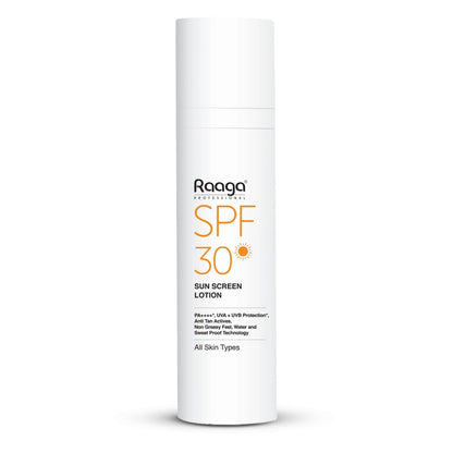 Raaga SPF 30 sunscreen lotion bottle on a white background