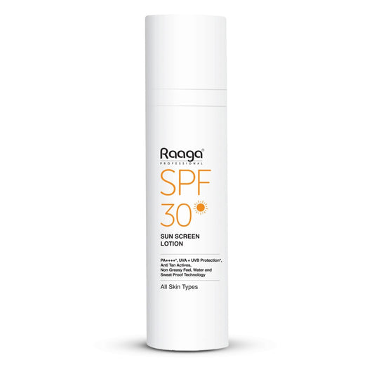 Raaga SPF 30 sunscreen lotion bottle on a white background