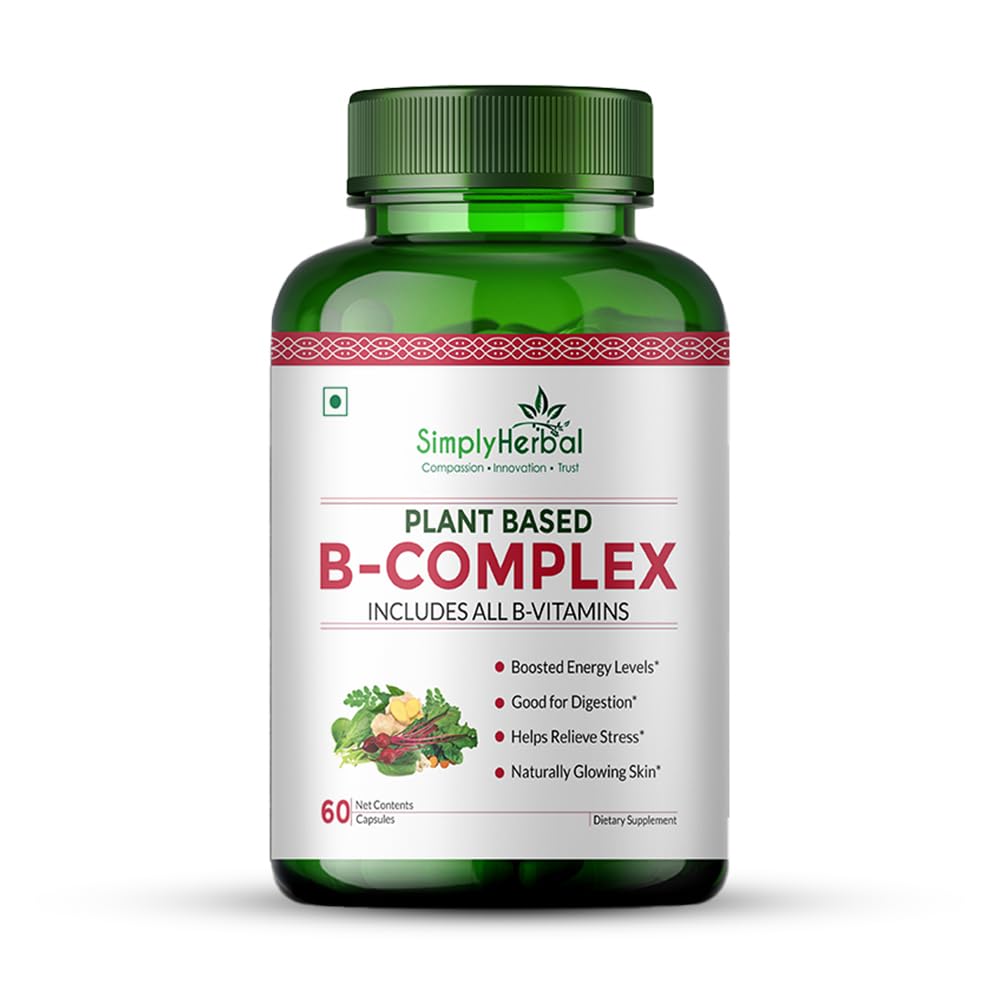 Simply Herbal Plant Based Vitamin B Complex Capsules, B-Complex Vitamin B1, B2, B3, B5, B6, B7, B9 & B12 | Supports Healthy Blood Cells, Metabolism & Improve Body Energy Level, 60 Capsules