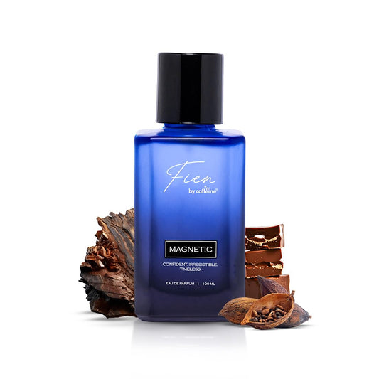 Blue perfume bottle labeled 'Fien' with decorative elements on a white background