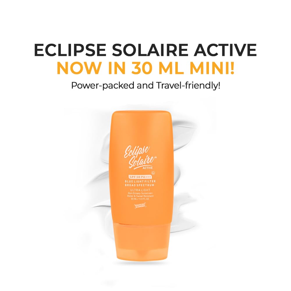 YUDERMA Eclipse Solaire Active Sunscreen SPF 50 PA+++ | No White Cast | Broad Spectrum UVA/UVB/IR & Blue Light Shield | Lightweight, Non-Greasy Formula for All Skin Types – 30ml