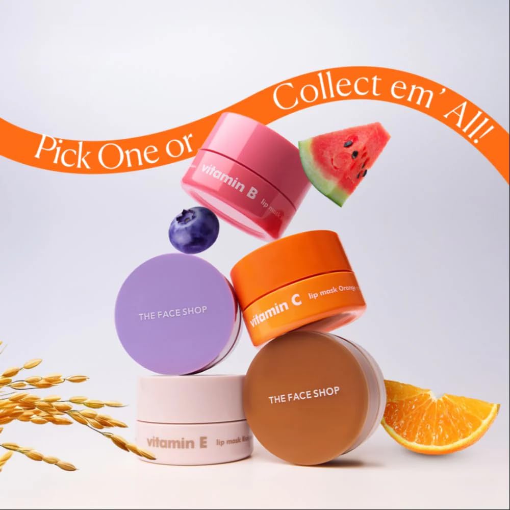 Collection of The Face Shop skincare products with fruit slices and text on a light background