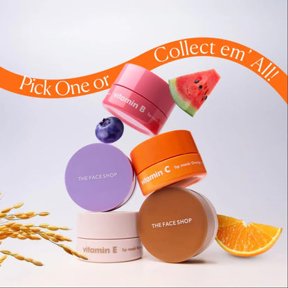 Collection of The Face Shop skincare products with fruit slices and text on a light background