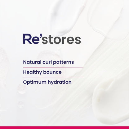 Product packaging with 'Re'stores' branding and text about natural curl patterns, healthy bounce, and optimum hydration.