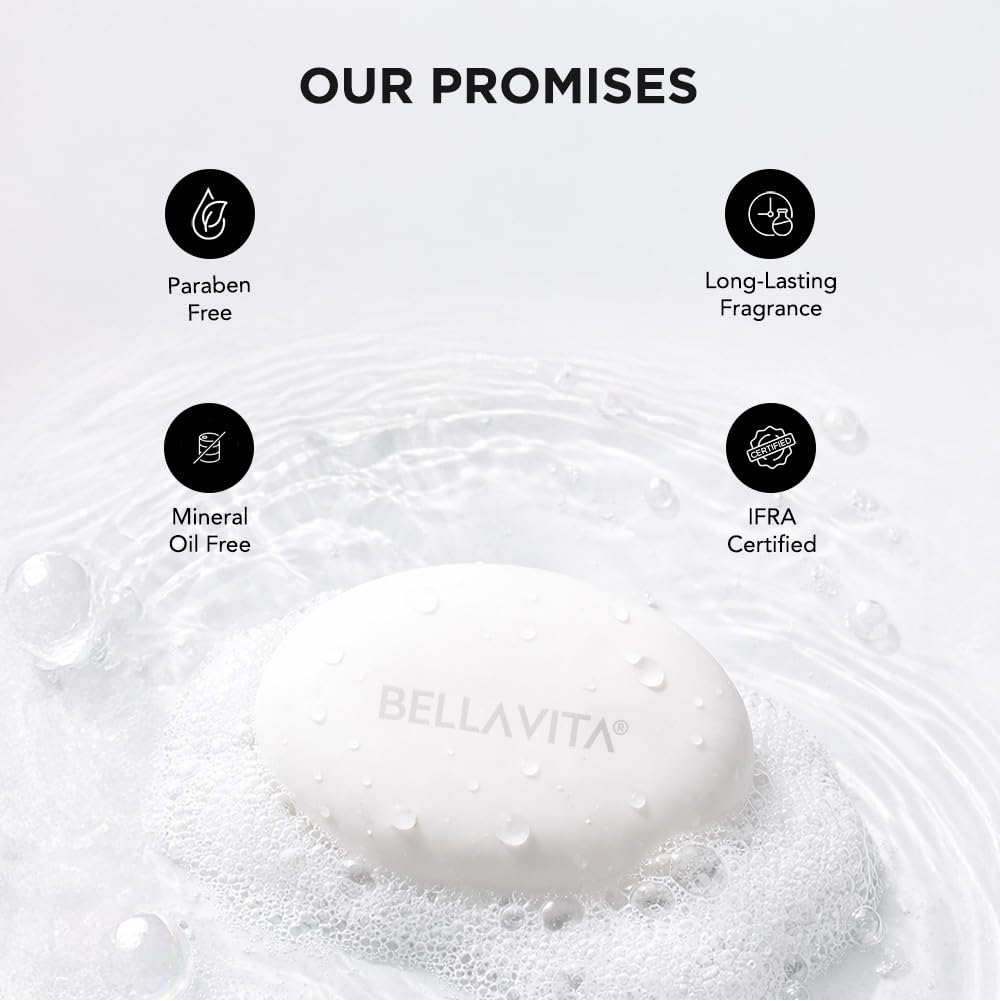 Bellavita soap with water droplets and product promises on a white background