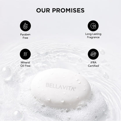 Bellavita soap with water droplets and product promises on a white background
