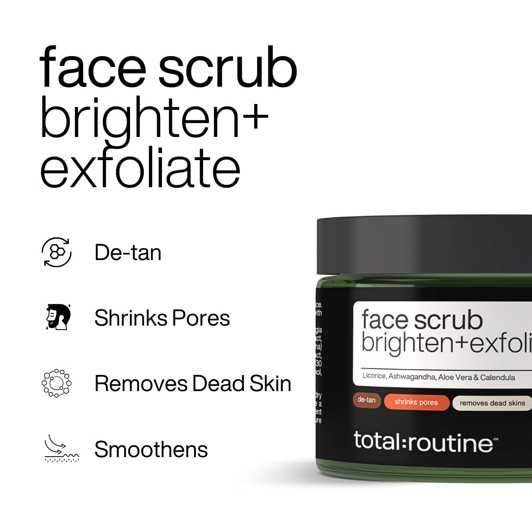 Jar of face scrub with text highlighting its benefits on a white background