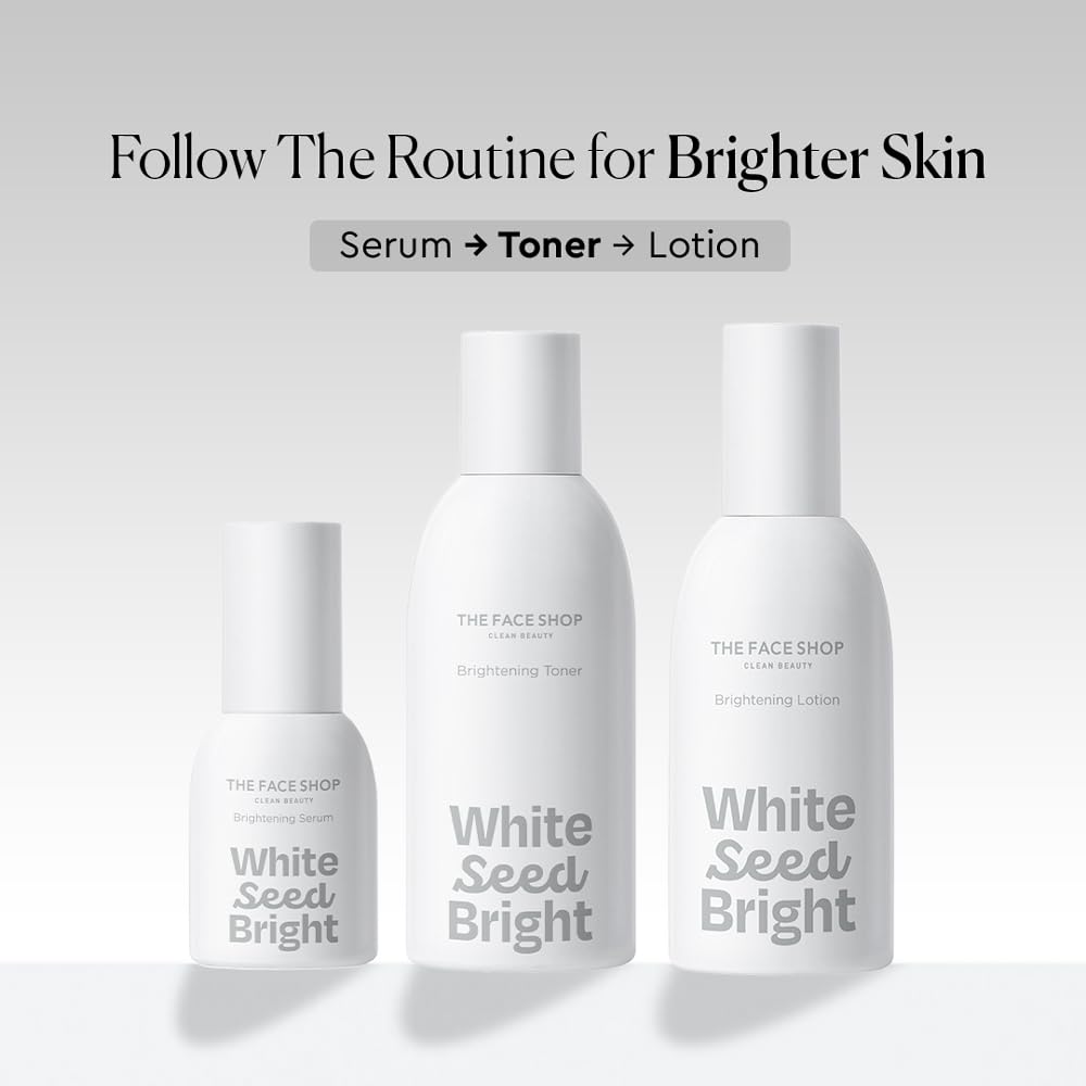 Three skincare bottles labeled 'White Seed Bright' on a light gray background with text about a skin care routine.