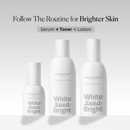 Three skincare bottles labeled 'White Seed Bright' on a light gray background with text about a skin care routine.