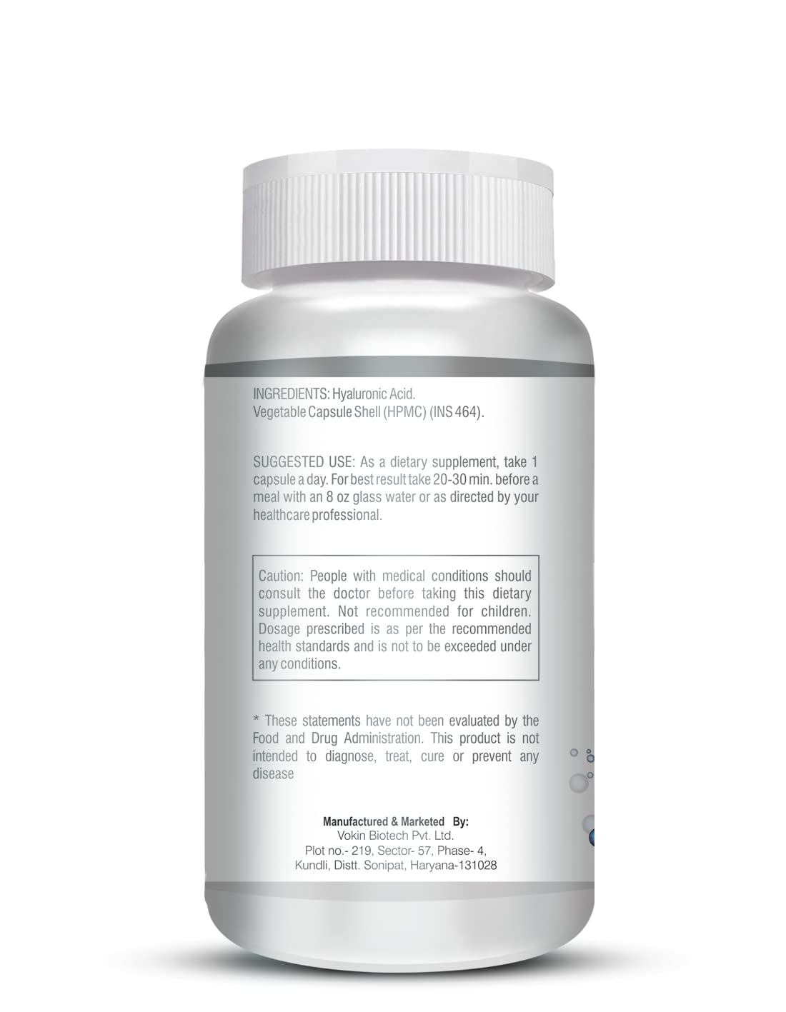 White supplement bottle with label on a white background
