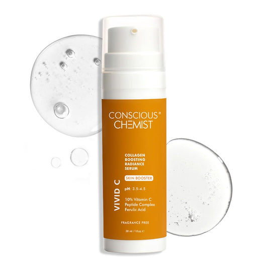 Conscious Chemist skincare serum bottle with droplets on a white background