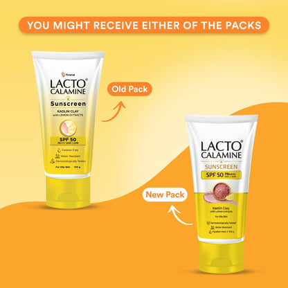 Lacto Calamine Sunscreen with old and new packaging on a yellow background