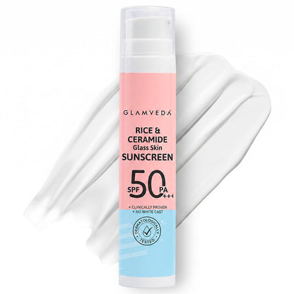 Glamveda Rice & Ceramide Dewy Sunscreen SPF 50 PA+++ | Transparent, Ultra lightweight gel cream | No White Cast, Water & Sweat Proof | For Dry & Sensitive Skin Types 50 ml