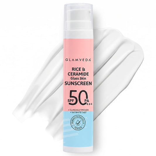 Glamveda Rice & Ceramide Dewy Sunscreen SPF 50 PA+++ | Transparent, Ultra lightweight gel cream | No White Cast, Water & Sweat Proof | For Dry & Sensitive Skin Types 50 ml
