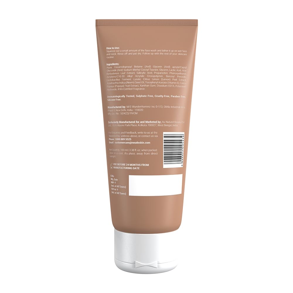 Be Neude Zits Away 100ml Daily Acne Control Face Wash with Milk Probiotics, 2% Salicylic Acid, Neem, Acne Face Wash for Men & Women (Pack of 1)