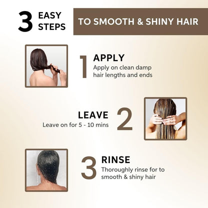 Instructions for smoothing and shining hair with three easy steps on a beige background.