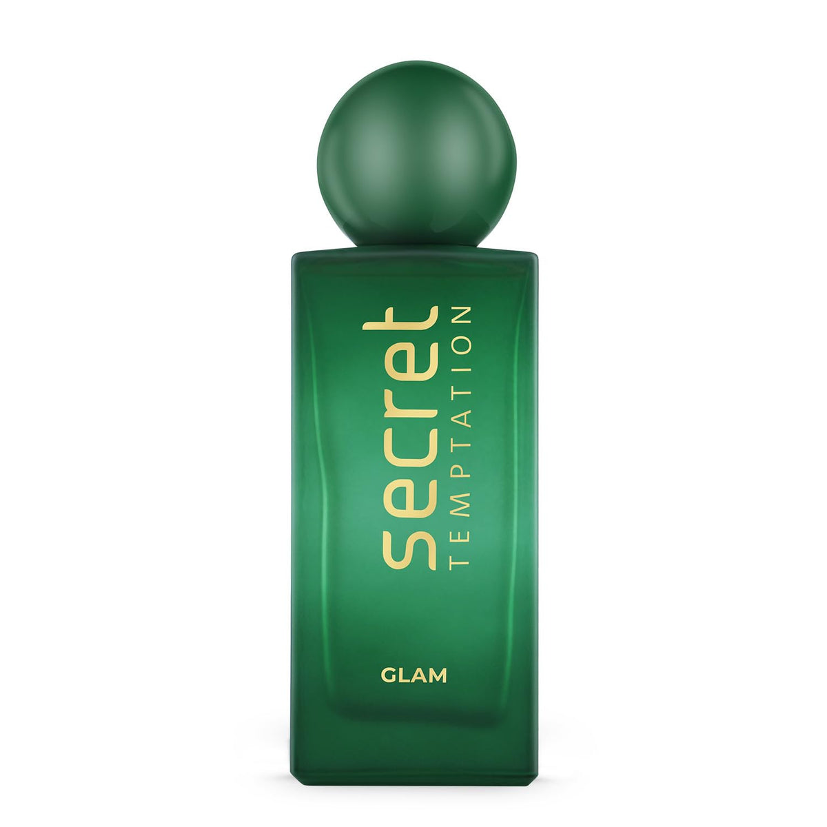 Green perfume bottle labeled 'Secret Temptation Glam' on a white background