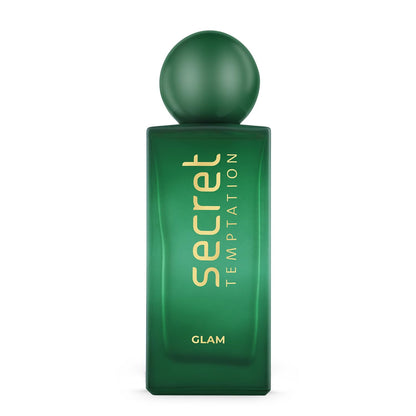 Green perfume bottle labeled 'Secret Temptation Glam' on a white background