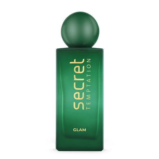 Green perfume bottle labeled 'Secret Temptation Glam' on a white background