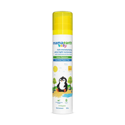 Mamaearth Baby Rich Moisturizing Ultra Light Sunscreen - 50g | SPF 50 & PA++++ | Water Resistant | Lightweight & Moisturizing | Suits all Skin Type | Safe For Babies | Dermatological Tested | Hydrating Sun Protection
