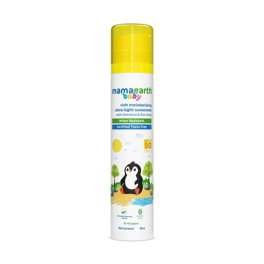 Mamaearth Baby Rich Moisturizing Ultra Light Sunscreen - 50g | SPF 50 & PA++++ | Water Resistant | Lightweight & Moisturizing | Suits all Skin Type | Safe For Babies | Dermatological Tested | Hydrating Sun Protection